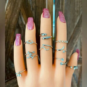 9 Piece Midi Ring Set Silver Tone Faux White Sapphire NEW